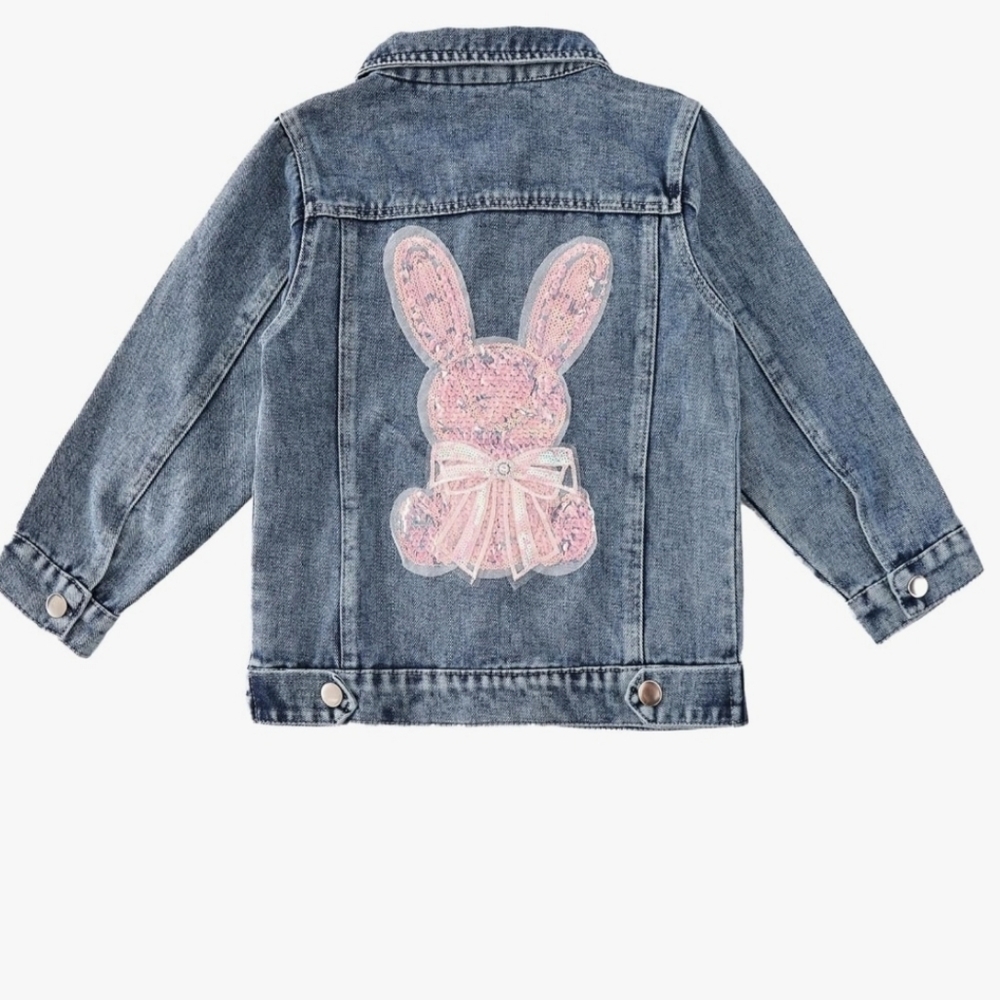 Girls Embroidered Bunny Denim Jacket Soft Cotton Jean Jacket Kids Spring Fall - Picture 8 of 8